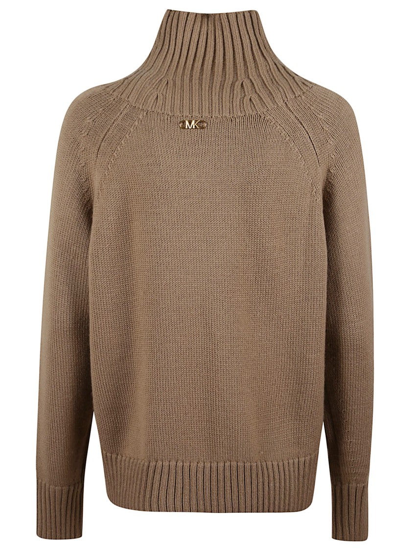 Michael Kors Camel Wool Turtleneck Sweater With Ribbed Details