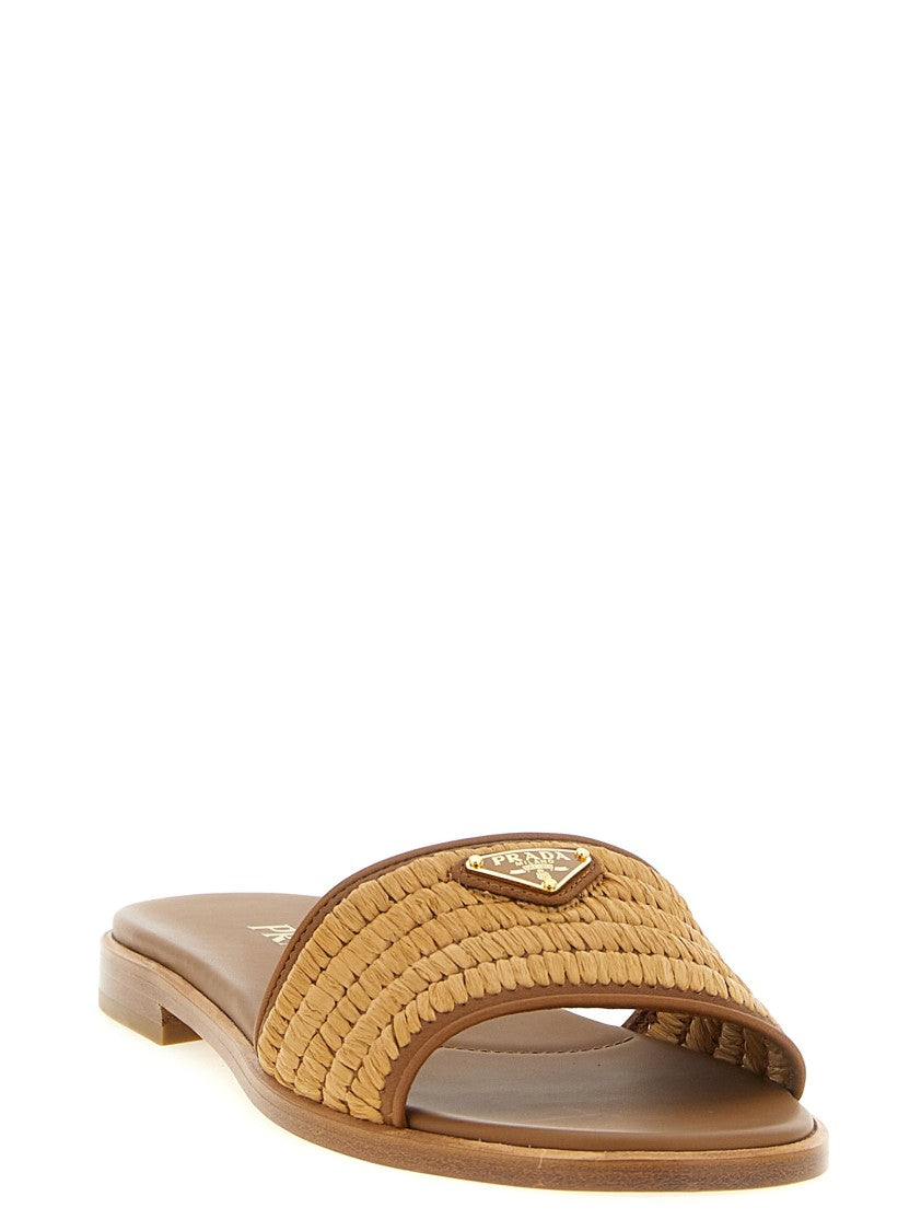 Prada Woven Viscose Raffia Slides With Crochet Detailing And Enameled Triangle Logo