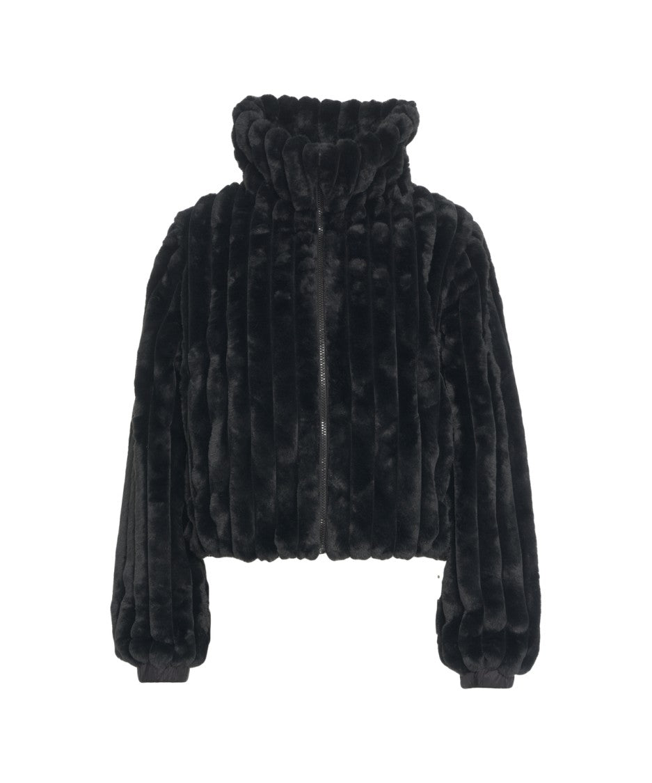 Save The Duck Cropped Black Faux Fur Jacket With High Collar And Textured Ribbed Finish