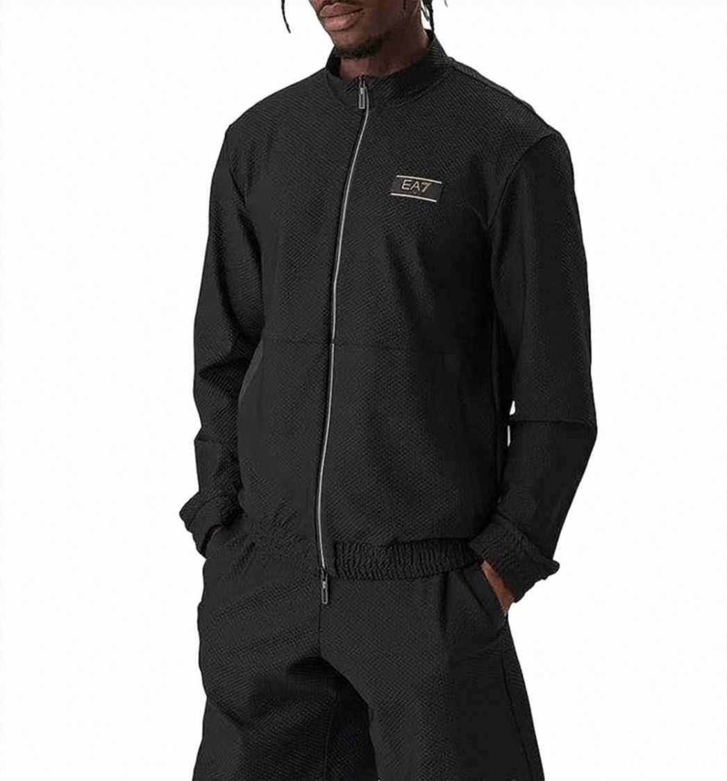 Ea7 Emporio Armani Black Zip-Front Sweatshirt With Textured Fabric