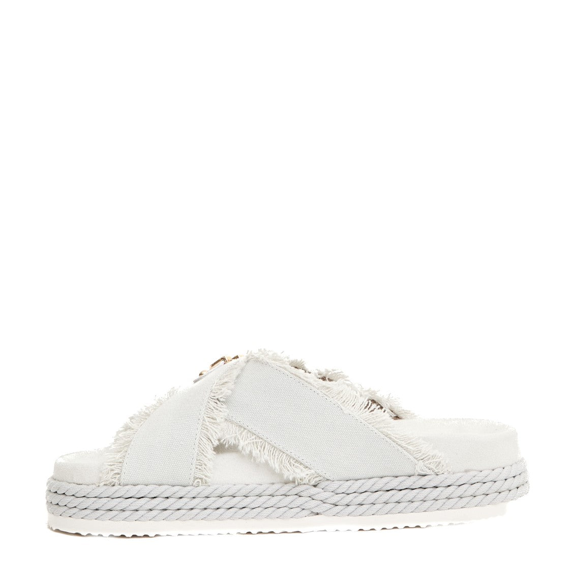 Mou Cross-Strap Canvas Sandals With Frayed Edges