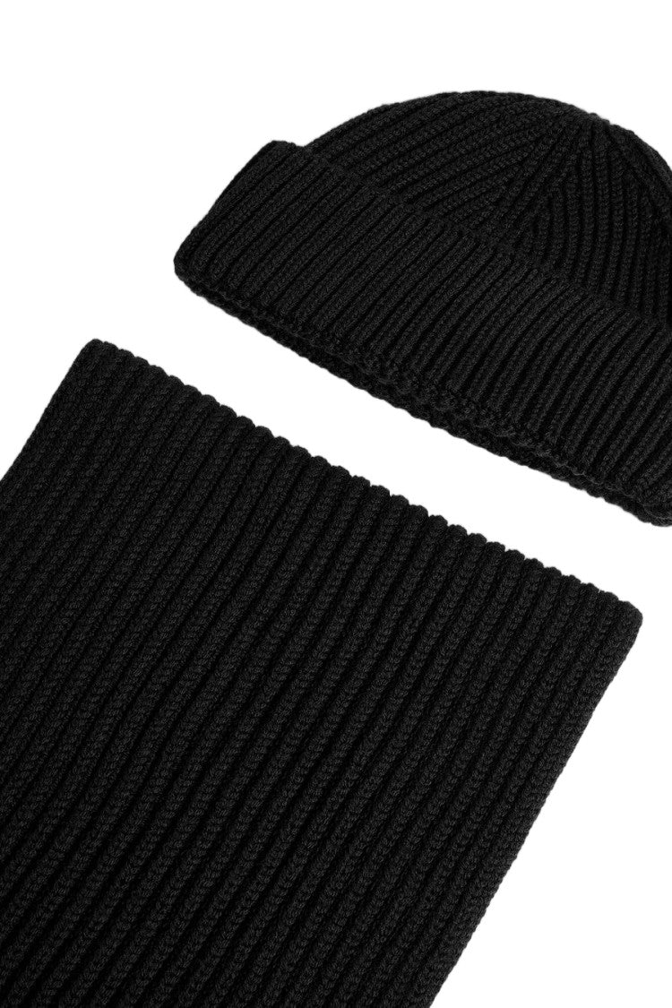 Dsquared2 Black Wool Ribbed Scarf And Beanie Set