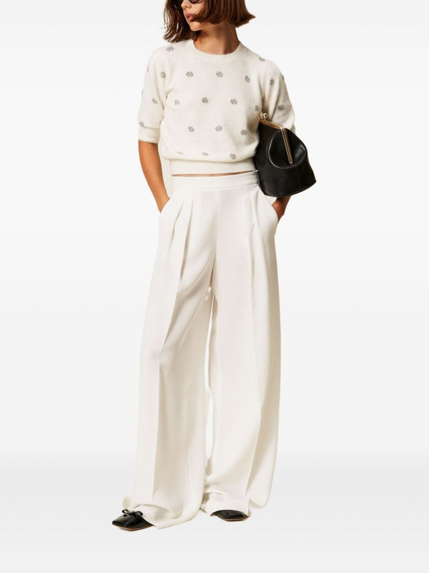 Twin-Set Cropped Knit Sweater With Floral Embellishments