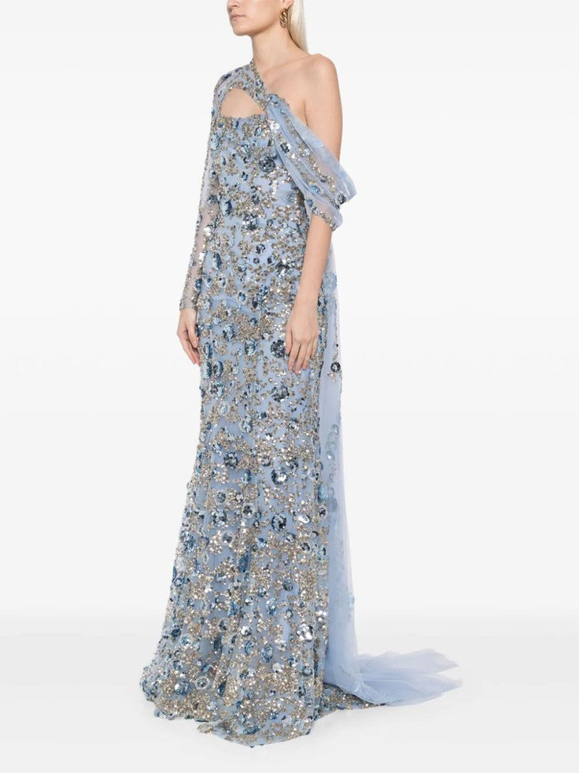 Saiid Kobeisy Tulle One-Shoulder Sleeve, Dress With Dotted Beading A Tulle Tail