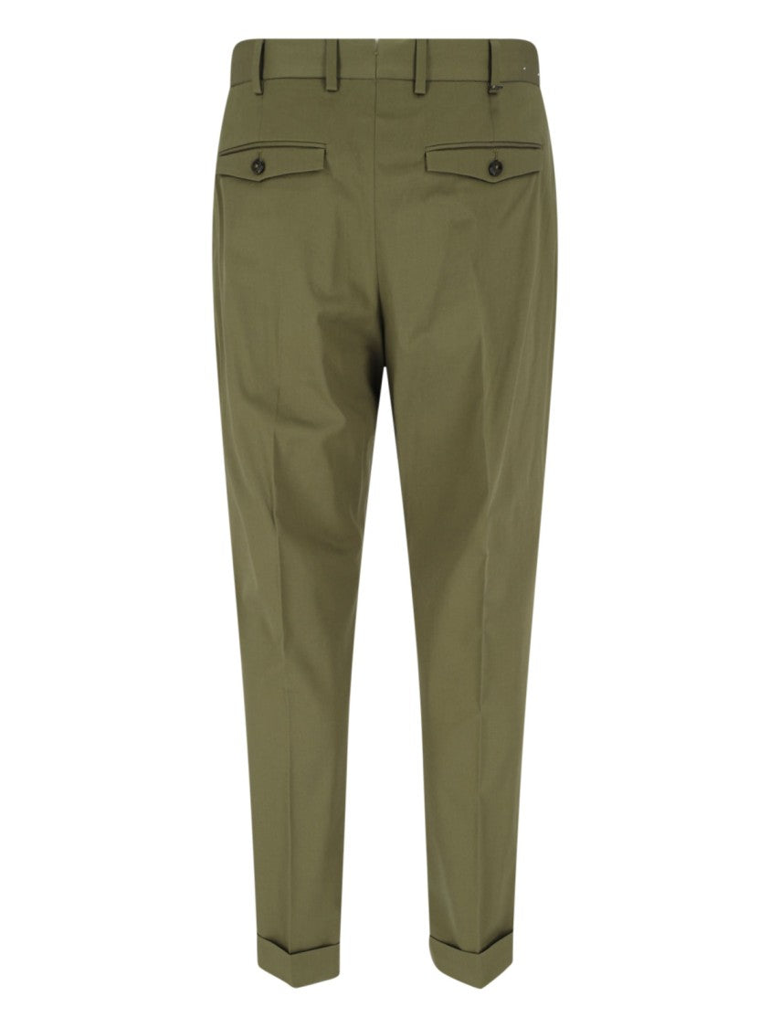 Pt Torino Green Cotton Chinos With Pleats And Cuffed Hem