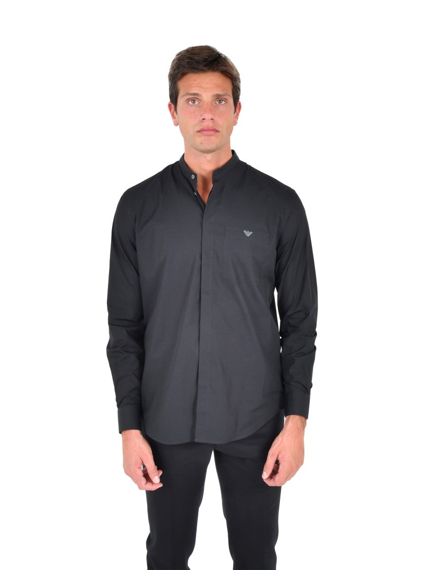 Emporio Armani Mandarin Collar Black Shirt With Contrasting Logo