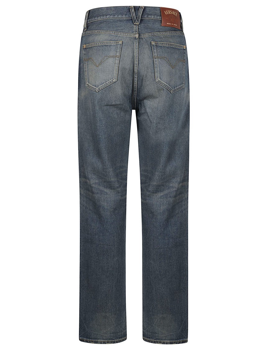 Versace Medium Stonewashed Pencil-Fit Jeans With Medusa Biggie Accessory
