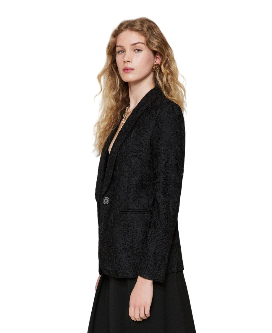 Twin-Set Black Paisley Macramé Lace Crêpe De Chine Lined Blazer