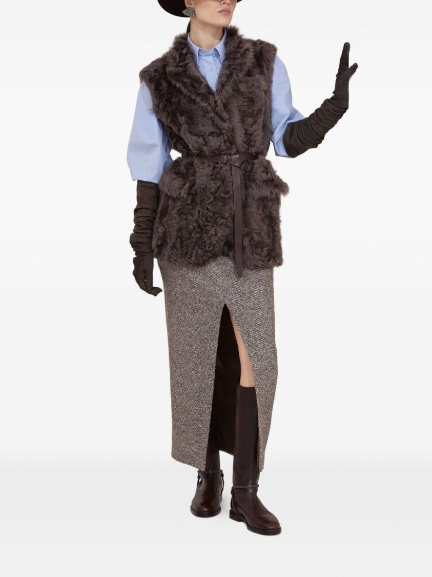 Brunello Cucinelli High-Waisted Houndstooth Midi Skirt