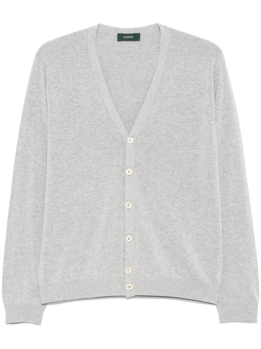 Zanone V-Neck Grey Cotton Cardigan With Button-Down Front