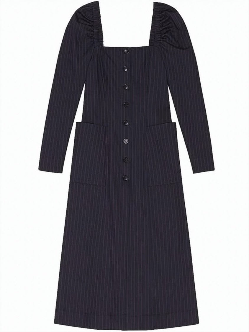 Ganni Square Neck Puffed Sleeve Midi Dress With Button-Down Front