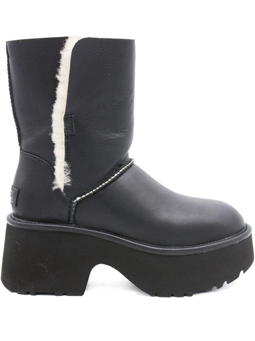 Ugg Fur-Trimmed Black Leather Platform Boots With Block Heel