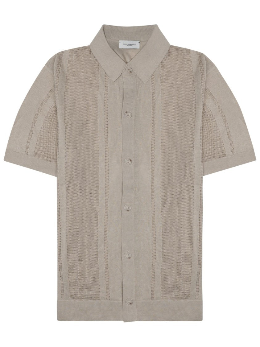 Paolo Pecora Milano Button-Down Short-Sleeve Shirt With Textured Knit And Vertical Stripes