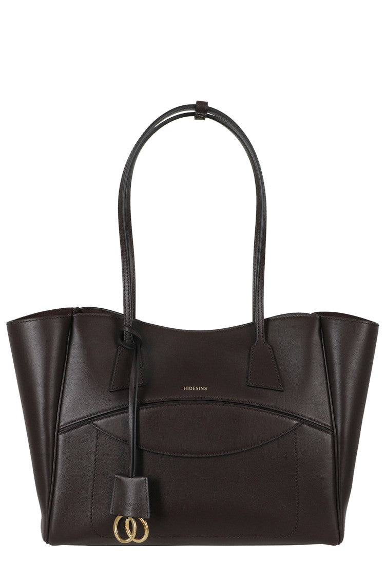 Hidesins Dark Brown Double Handle Embossed Logo Leather Tote Bag
