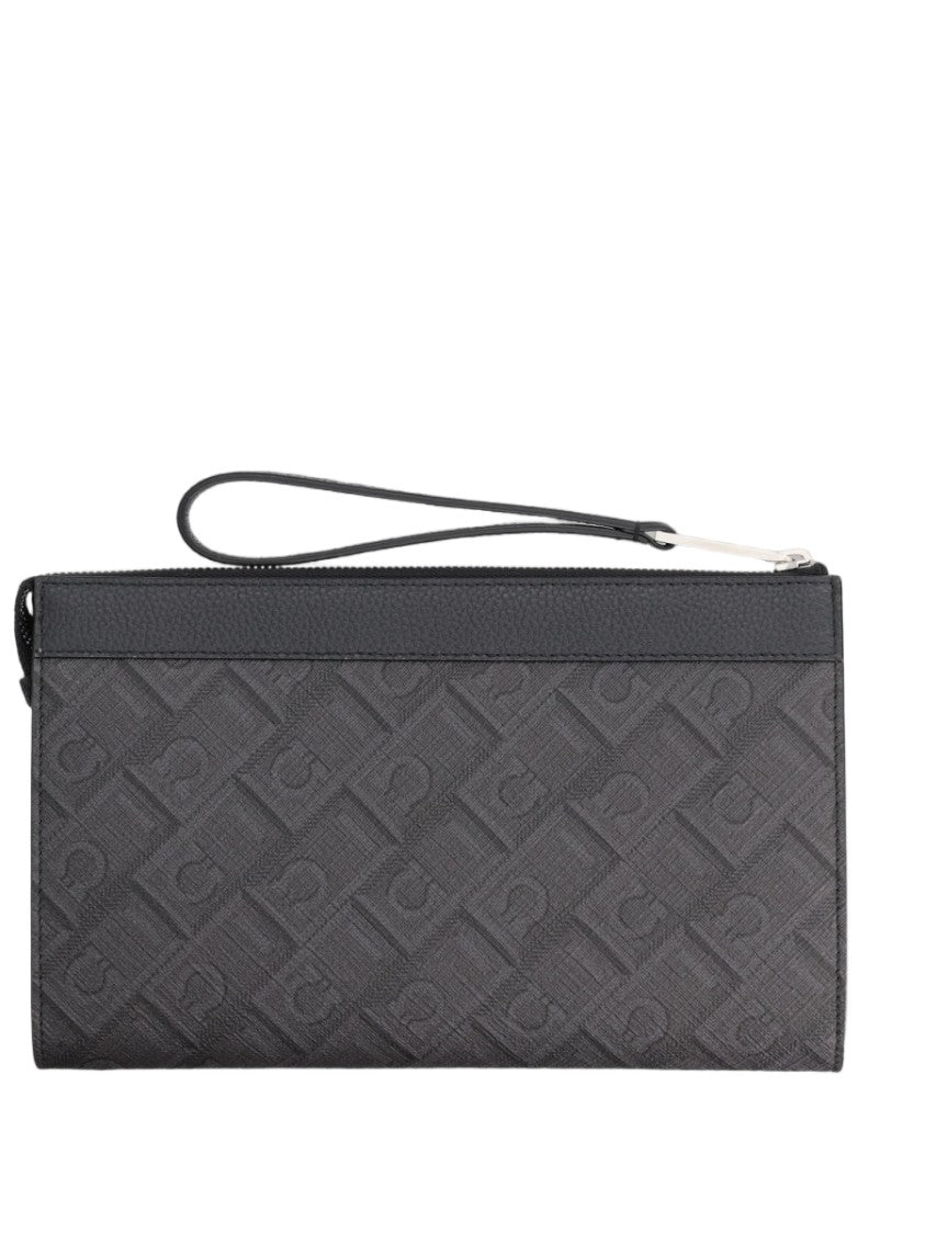 Ferragamo Black Metallic Zipper Calf Leather Clutch
