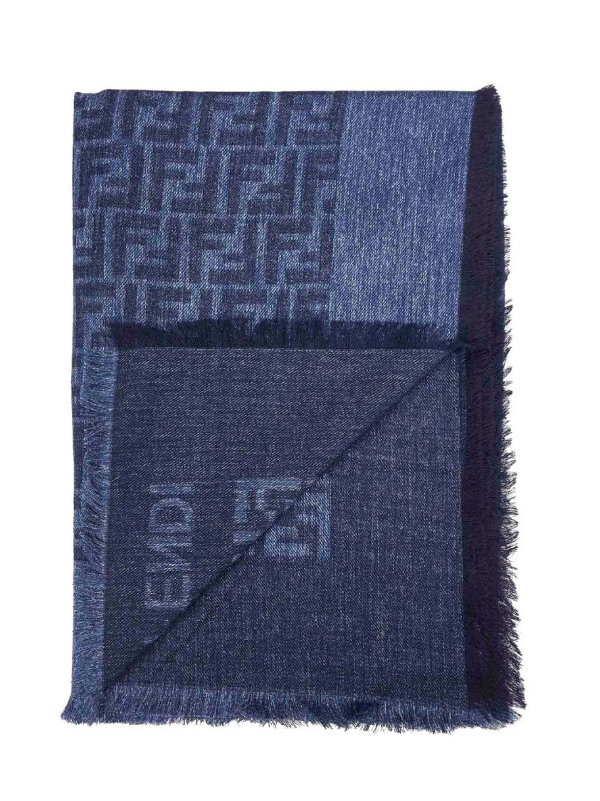 Fendi Denim Blue Cotton And Wool Shawl
