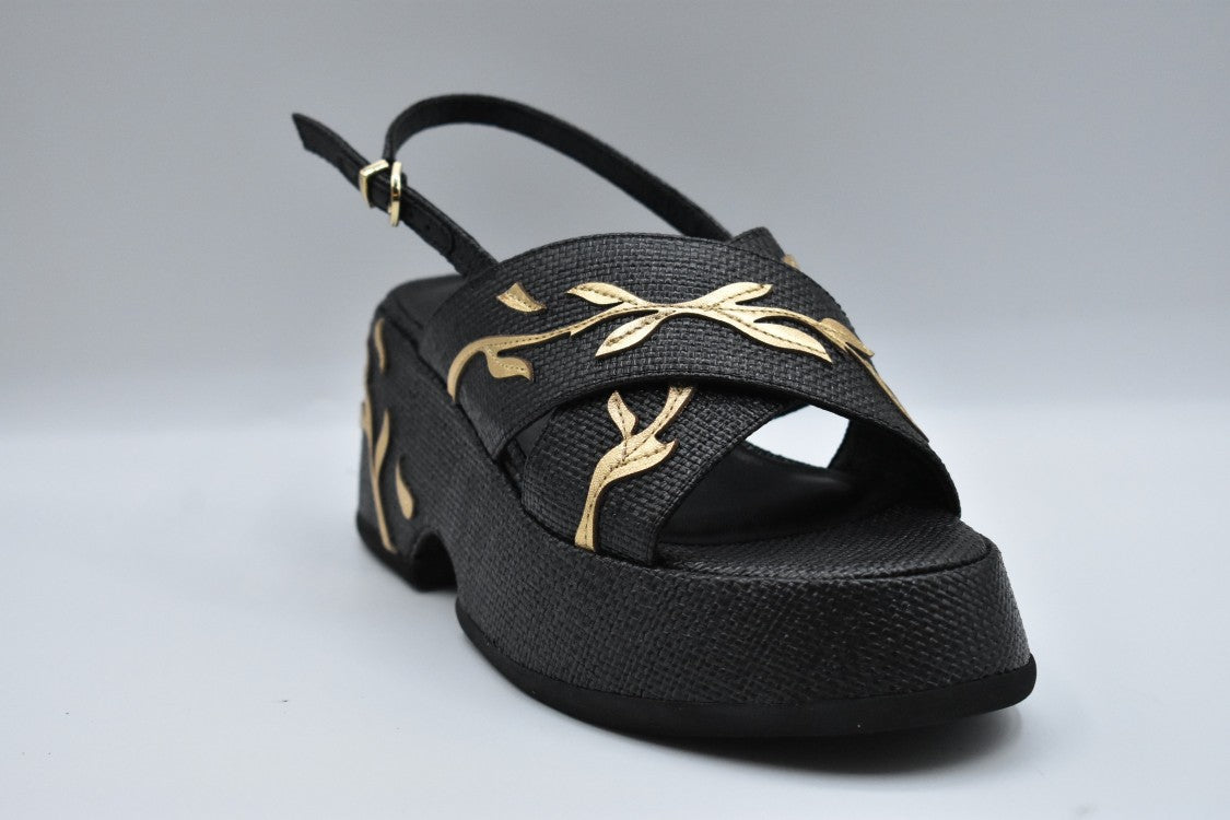 Jeannot Textured Black Wedge Sandals With Gold Leaf Detailing