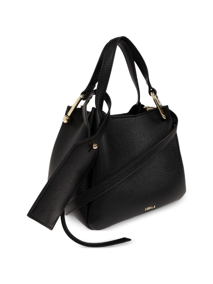 Furla Black Structured Textured Gold-Tone Handbag