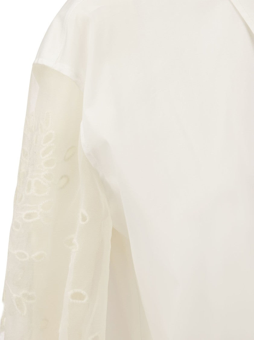 Brunello Cucinelli Stretch Cotton Poplin Shirt With Crispy Silk Broderie Anglaise Sleeve