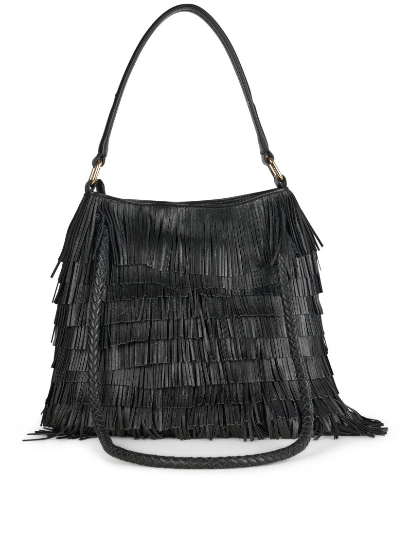 Visona` Black Handbag With Layered Leather Fringe Detailing