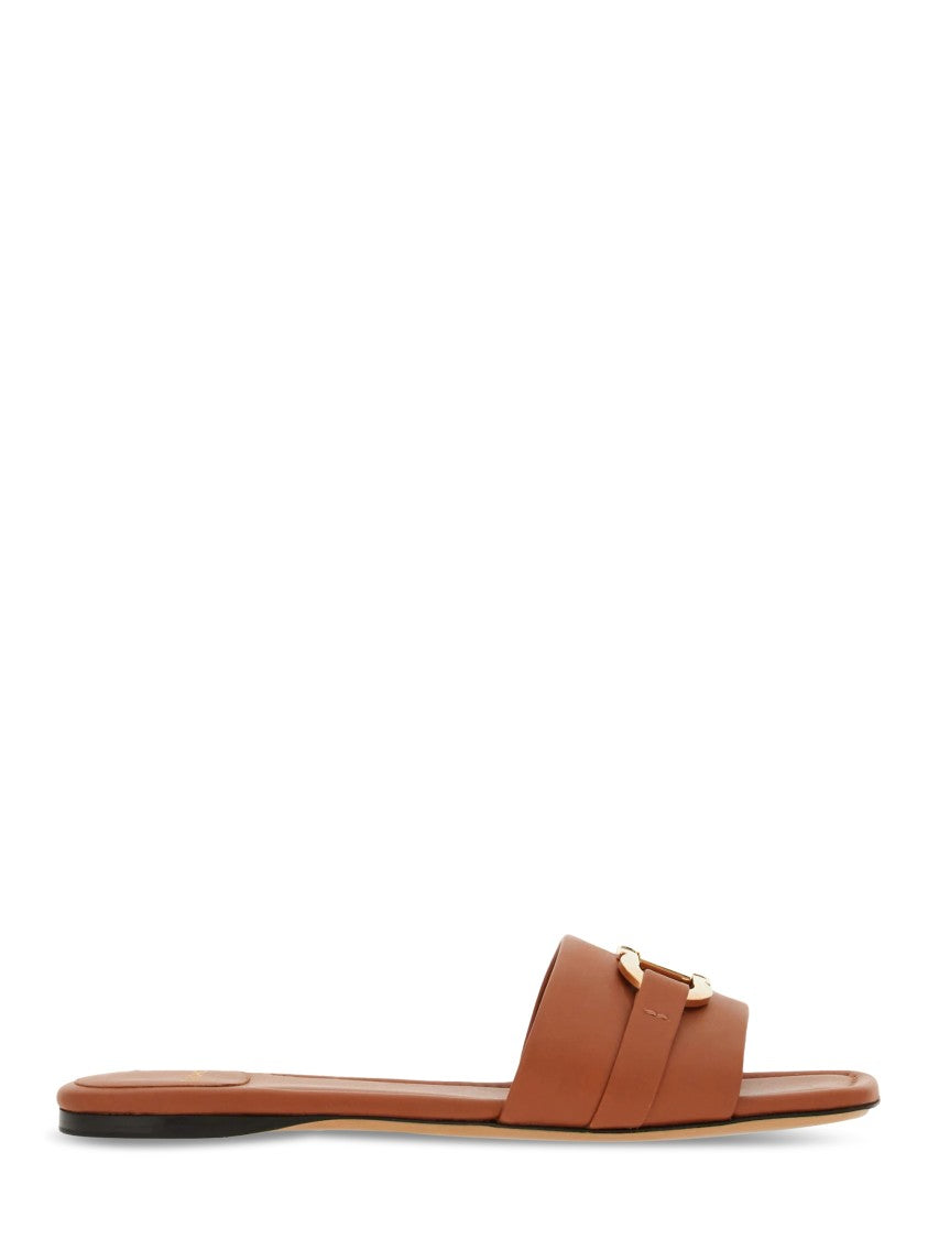 Ferragamo Flat Sandals With Polished Gold-Tone Buckle Detail