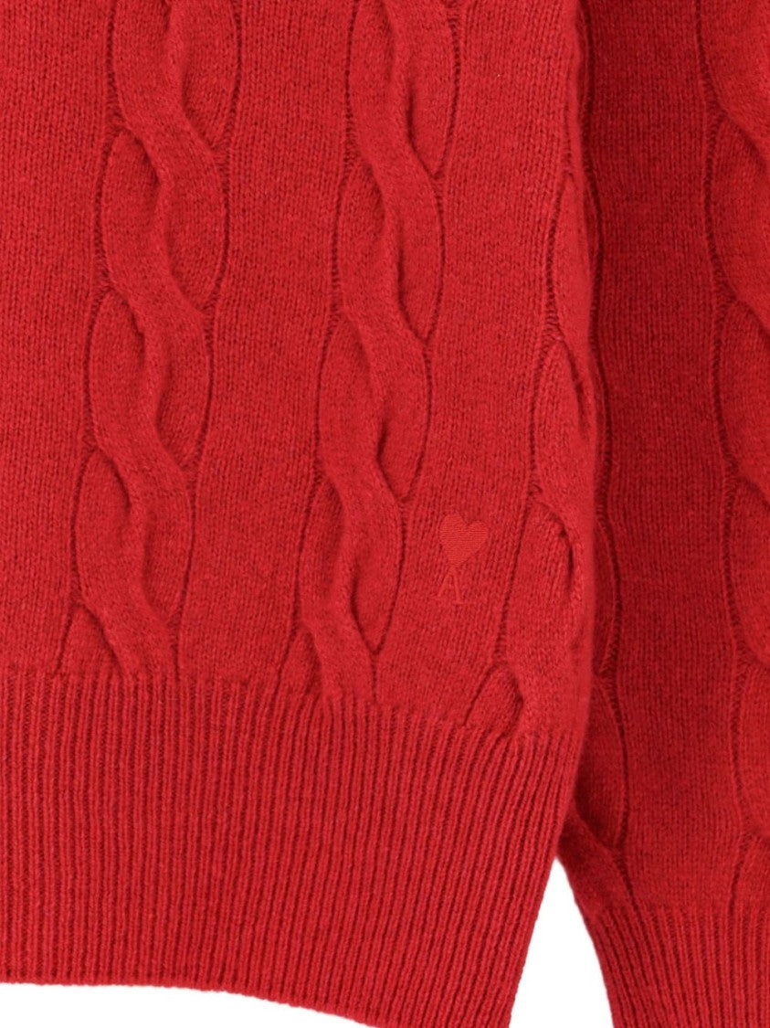 Ami Paris Cable Knit Sweater With Embroidered Logo Detail