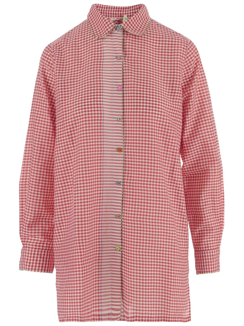 Pero Relaxed Fit Red And White Gingham Shirt With Vertical Striped Placket