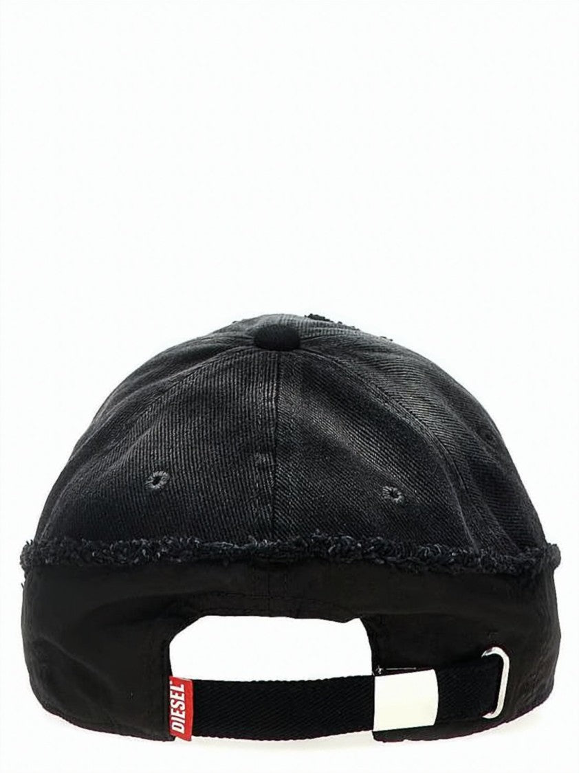 Diesel Distressed Black Cotton Cap With Embroidered Patch