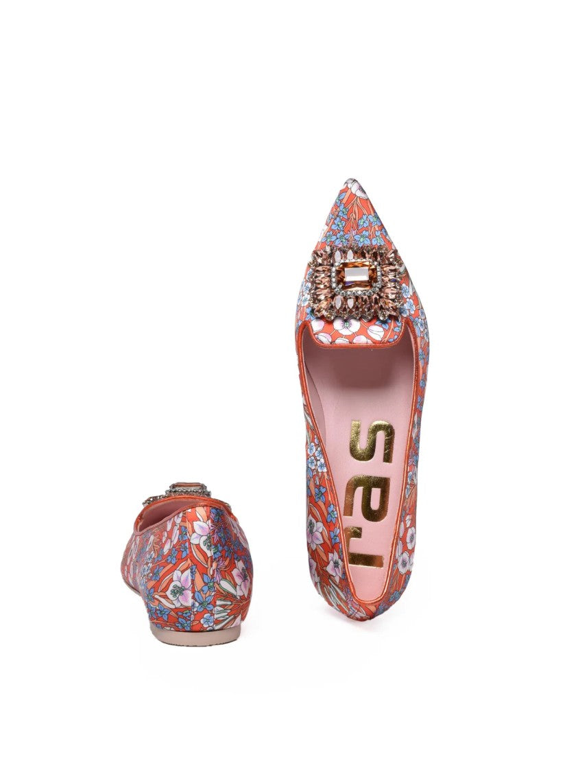 Ras Orange Pointed Toe Jeweled Satin Flats