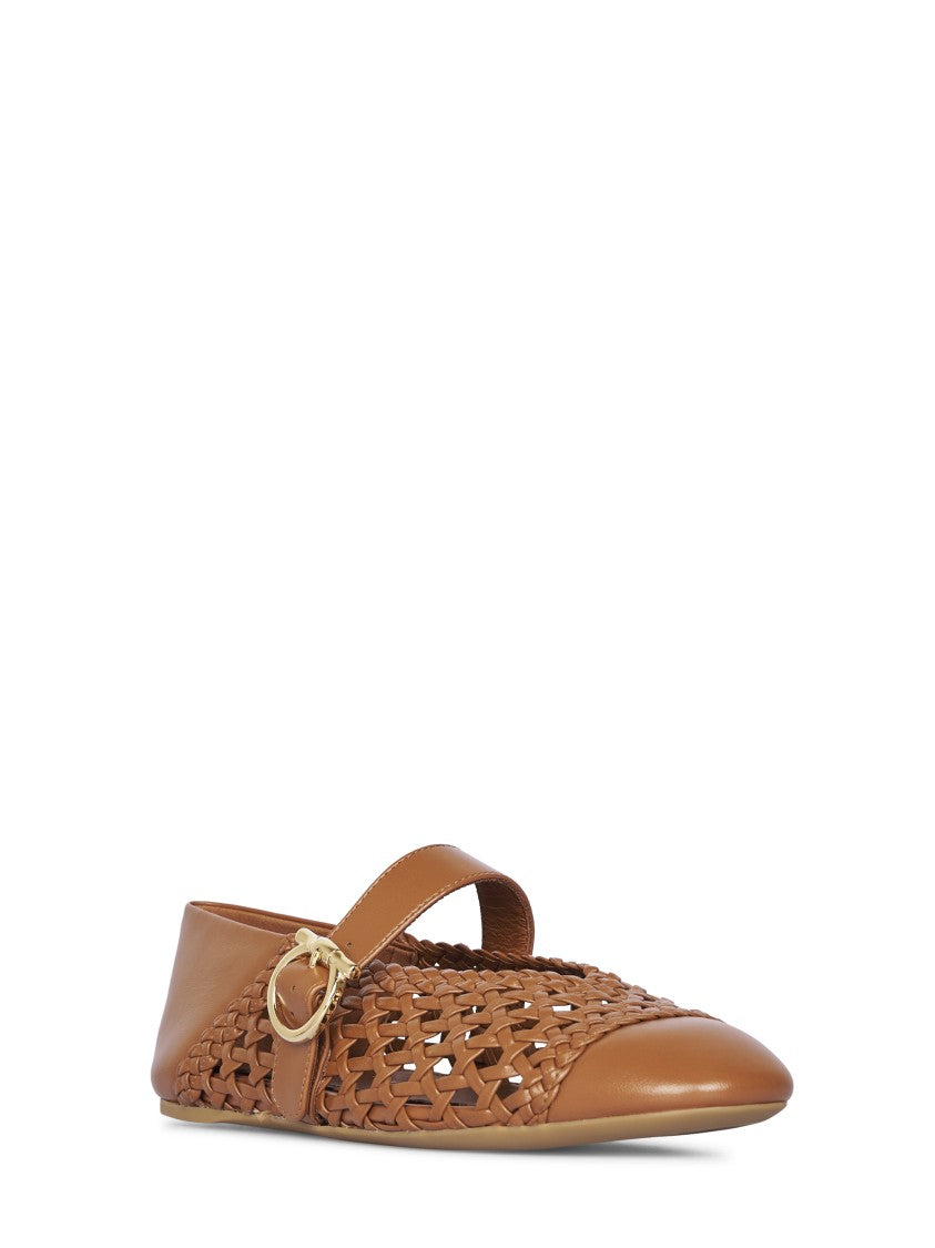 Ferragamo Pointed Toe Woven Leather Flats With Gold-Tone Detail