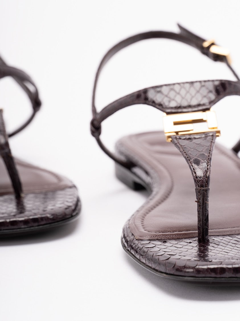 Fendi Textured Leather Thong Sandals With Gold Accents