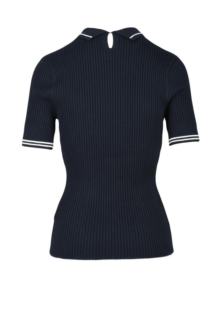 Tommy Hilfiger Navy Blue Ribbed Knit Cotton Viscose Polyamide Silk Top