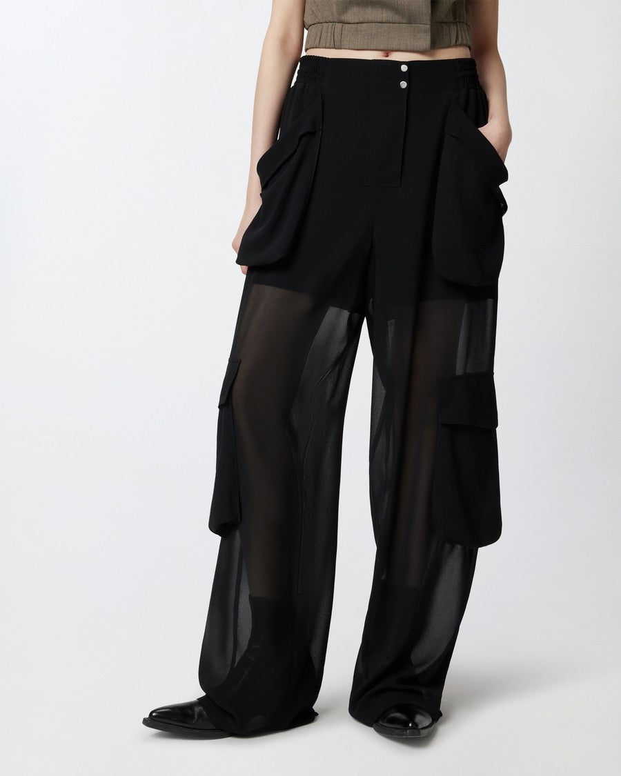 Pinko Black Polyester Sheer-Panel Cargo Pants
