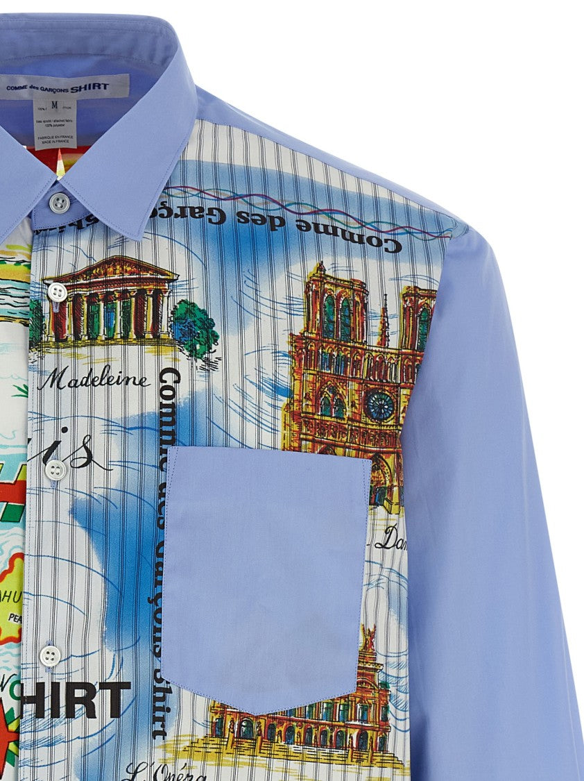 Comme Des Garçons Asymmetric Hem Shirt With Vibrant Landmark Prints