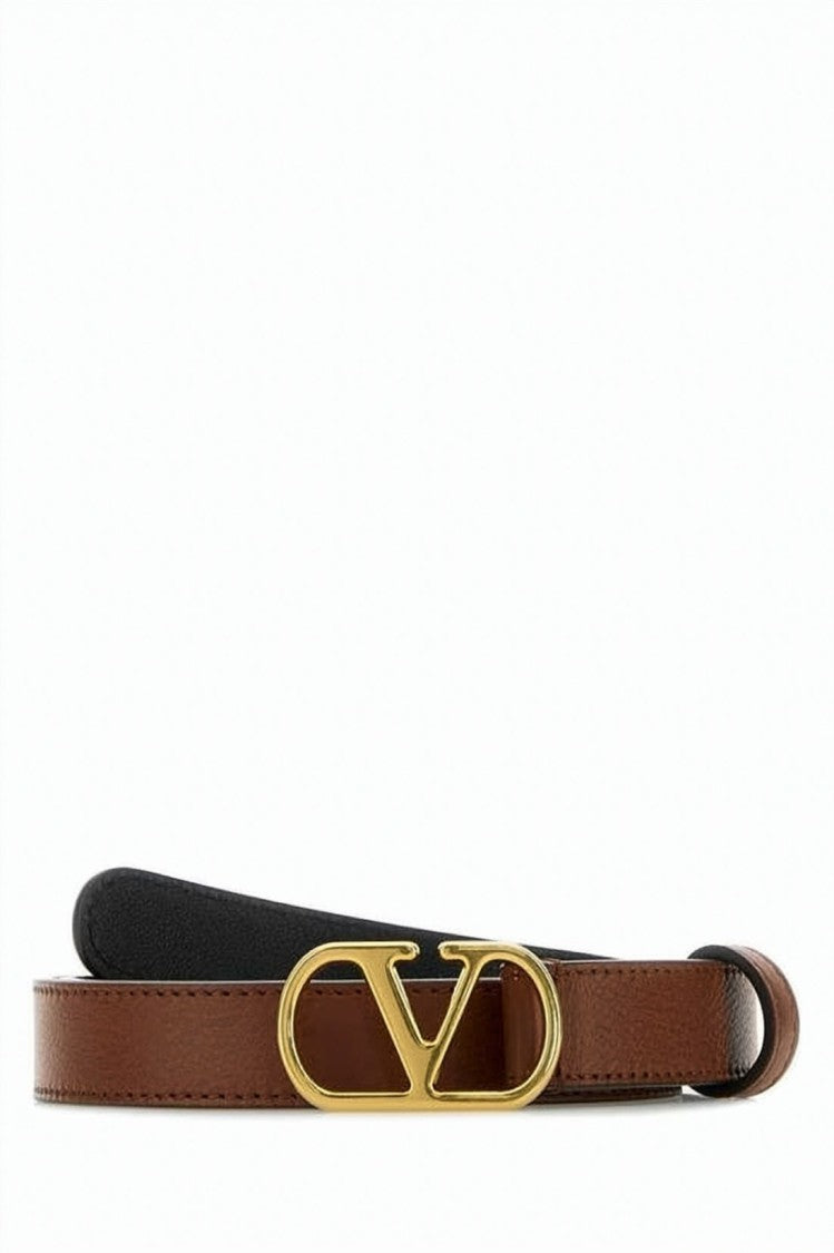 Valentino Garavani Smooth Brown Cowhide Belt With Polished Gold-Tone Buckle
