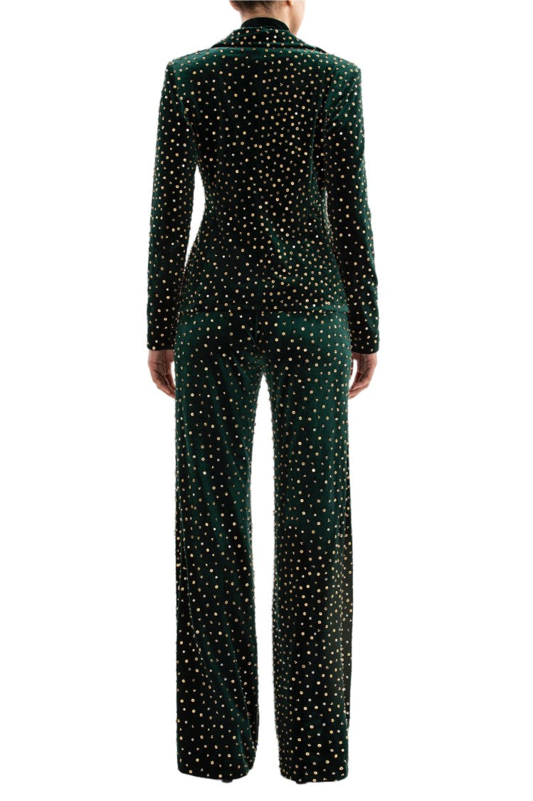 Saiid Kobeisy Green Gold Beaded Sequin Velvet Formal Pants