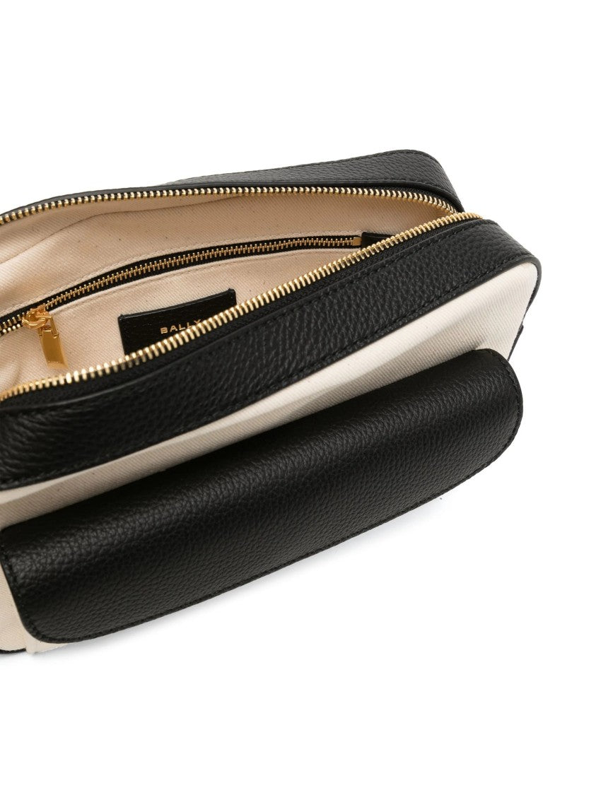 Bally Rectangular Beige Canvas Crossbody Bag With Leather Accents