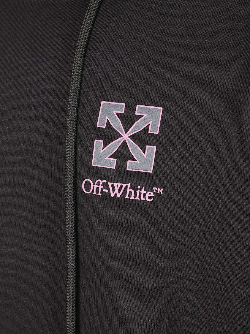 Off-White Black Cotton Hoodie Sweater With Adjustable Drawstring And Kangaroo Pocket