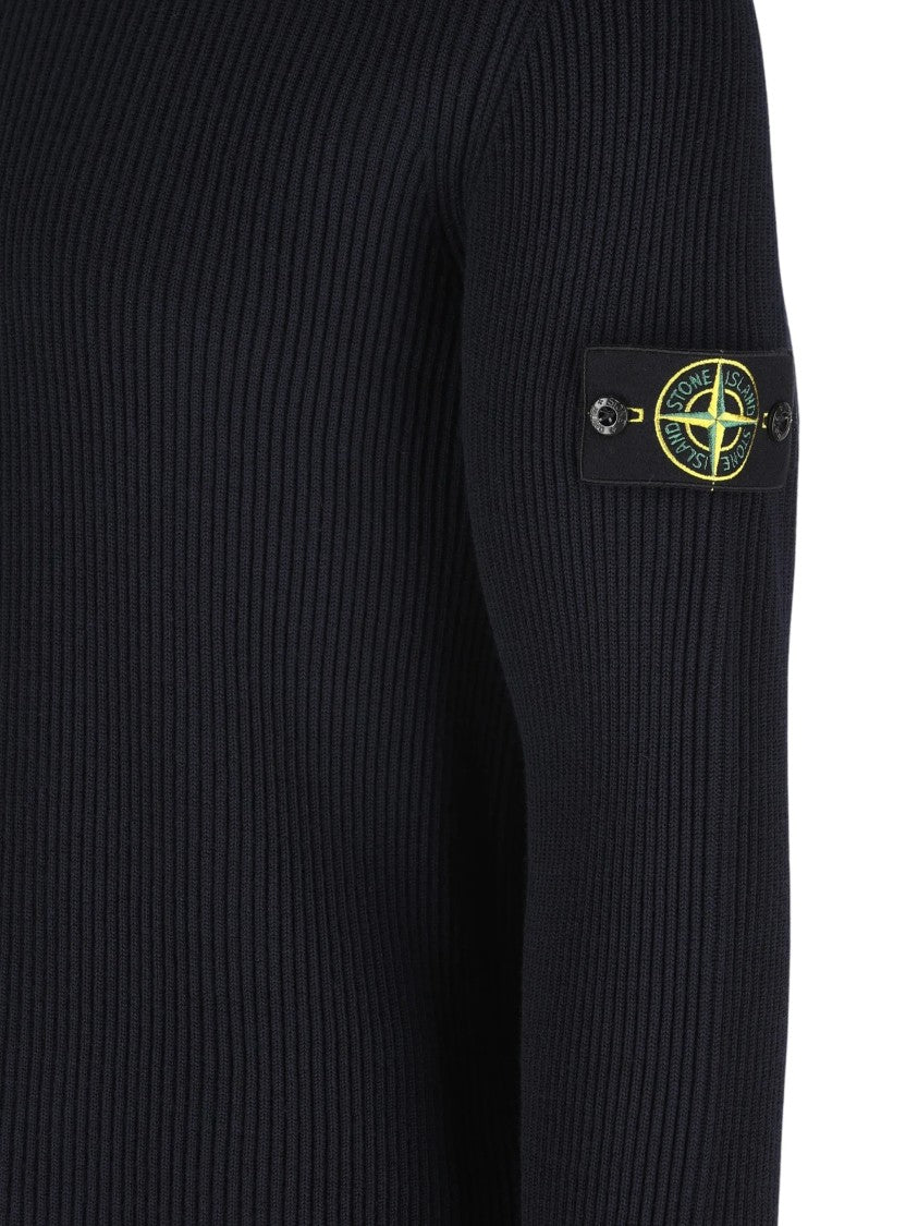 Stone Island Navy Blue Virgin Wool Crew-Neck Sweater With Compass Badge