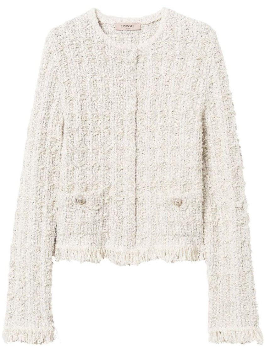 Twin-Set Cropped Textured Jacket With Fringe Detailing