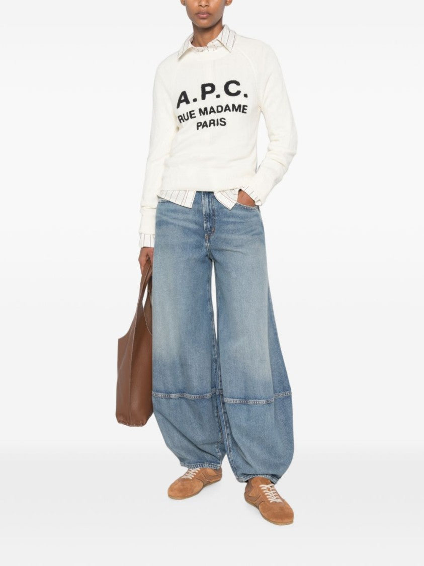 A.P.C. White Cropped Virgin Wool Textured Logo Sweater