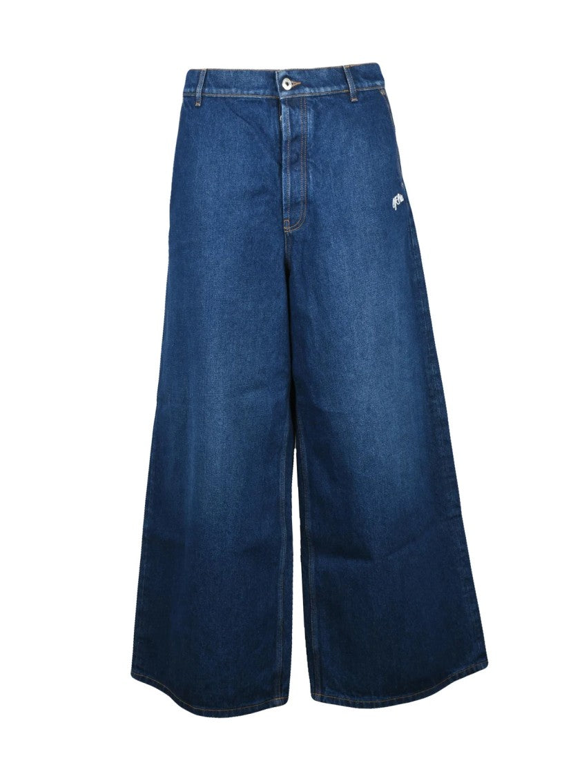 Off-White Blue Cotton Script Wide Jeans
