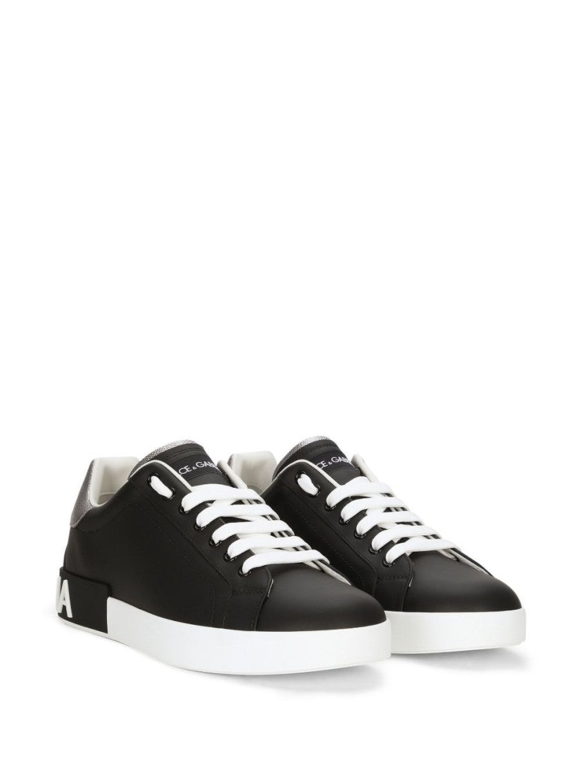 Dolce & Gabbana Laced Sneakers In Black Calfskin With Logo Patch