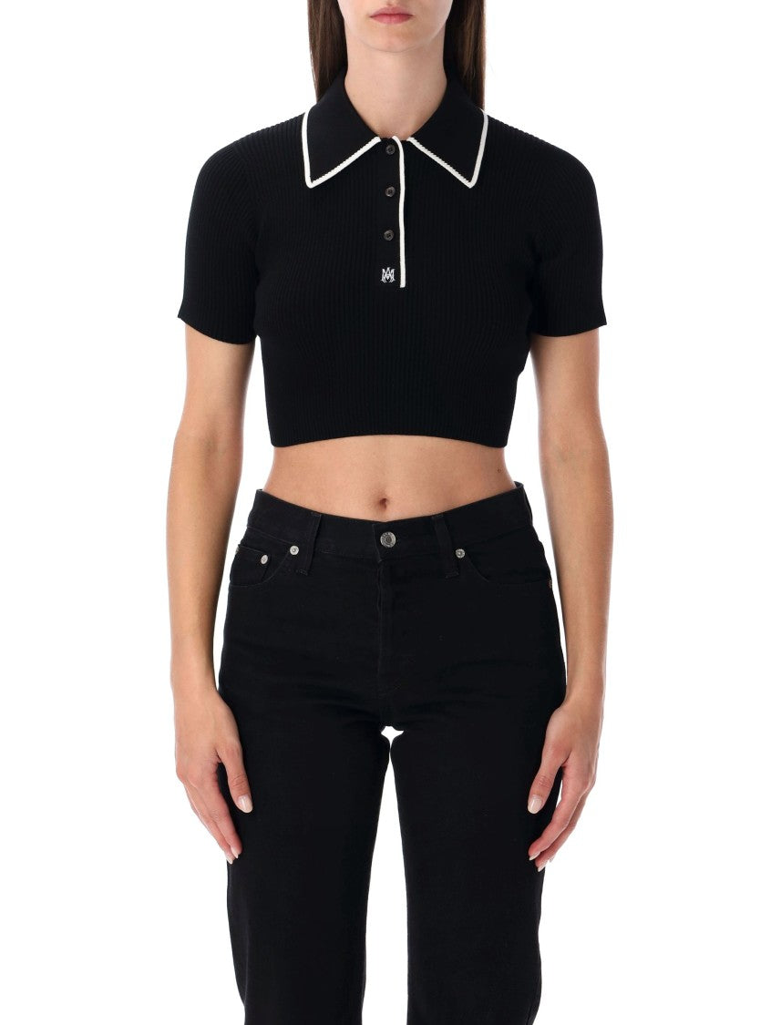 Amiri Cropped Black Polo Shirt With Ribbed Texture And Button Placket