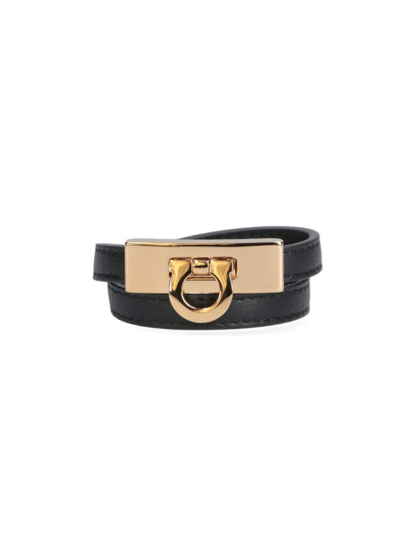 Ferragamo Double-Wrap Black Calf Leather Bracelet