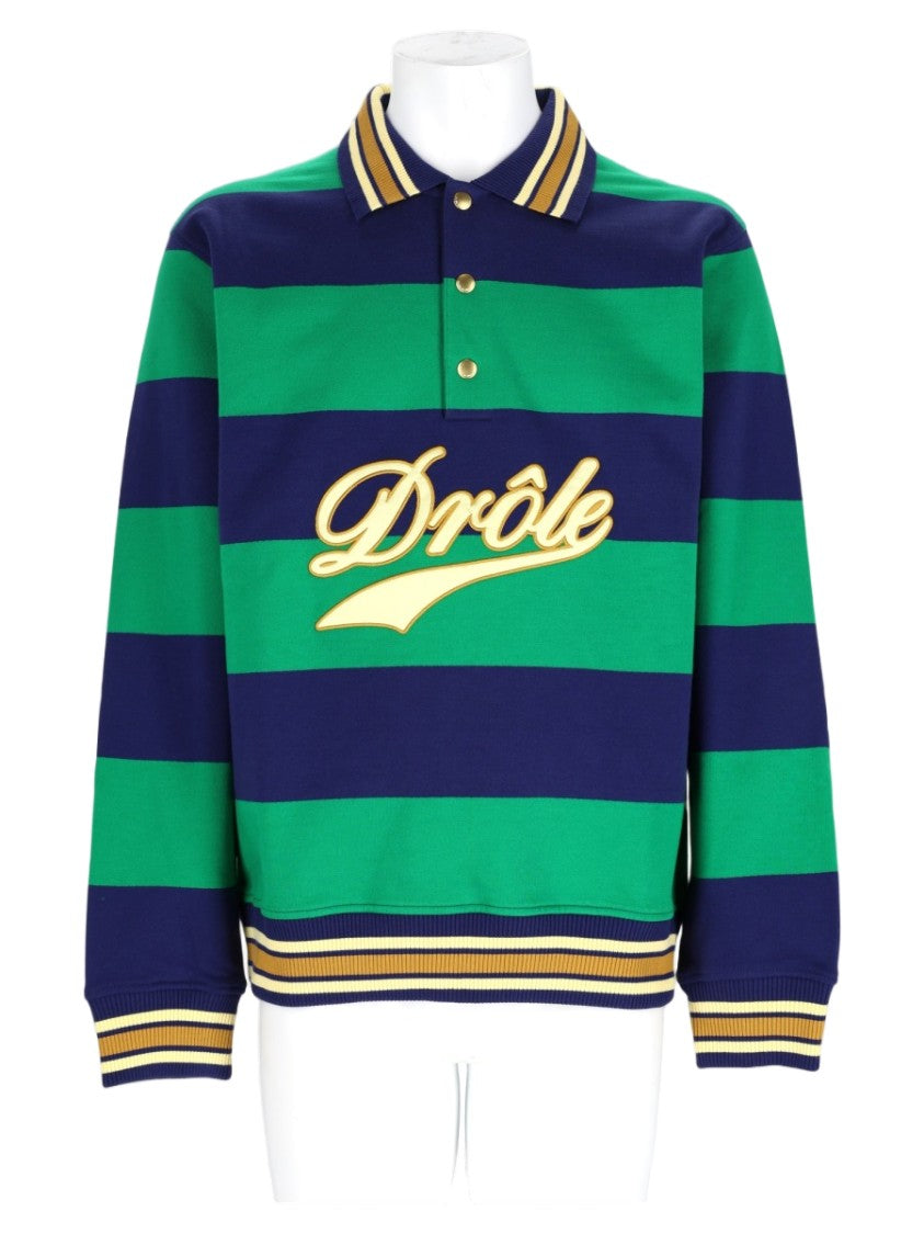 Drôle De Monsieur Green Striped Long-Sleeve Cotton Polo Shirt