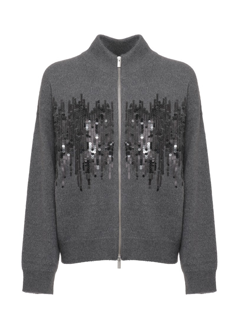 Peserico Grey Wool Blend Cardigan With Paillettes And High Neck Design