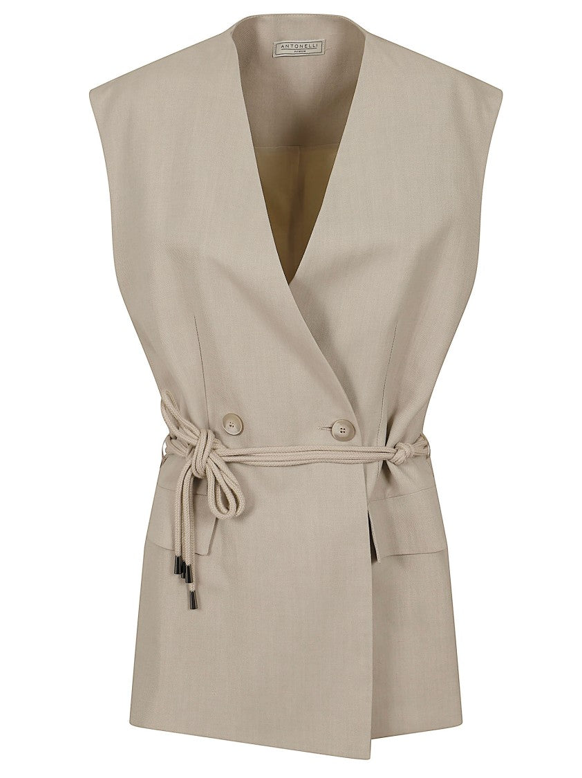 Antonelli Firenze Tailored Beige Waistcoat With Double-Breasted Closure And Rope Belt