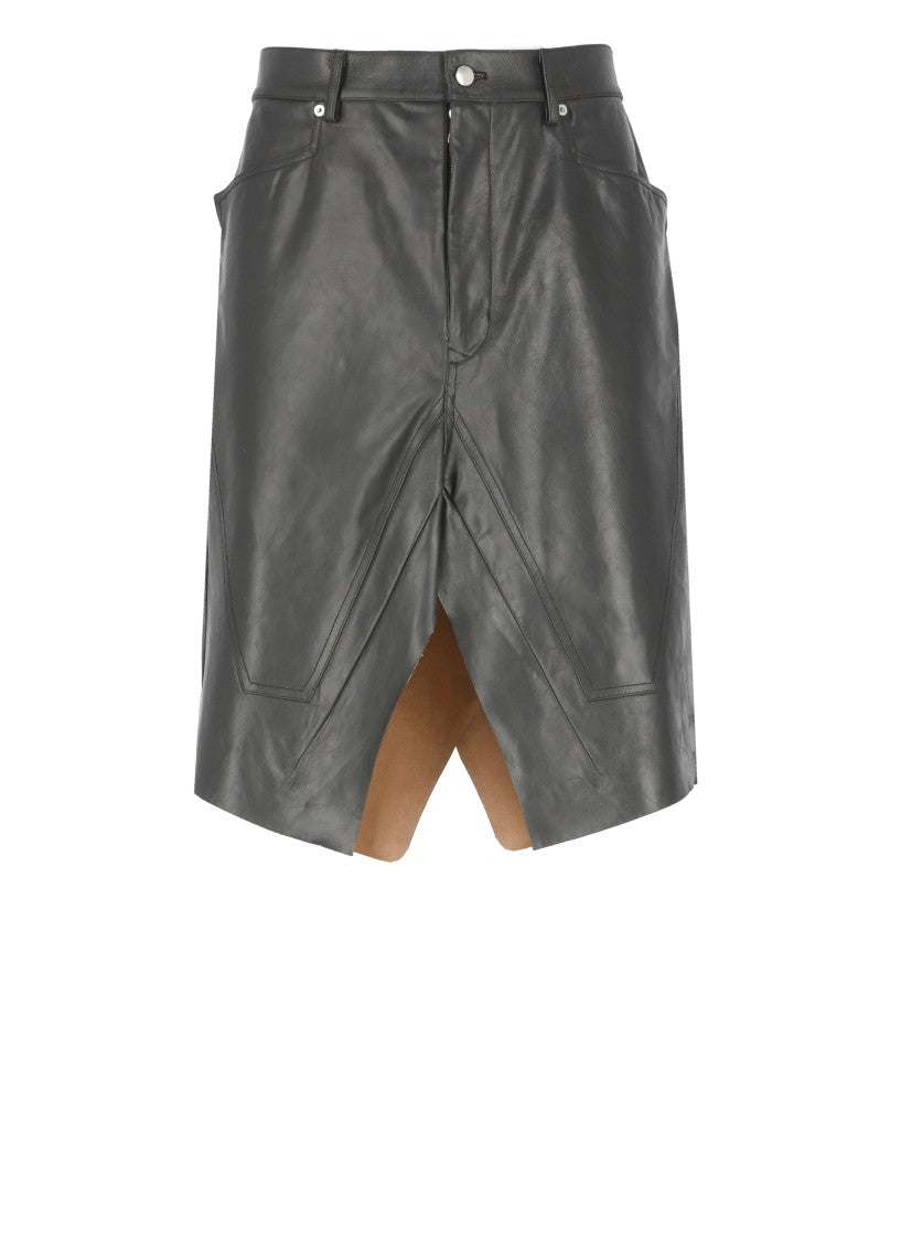 Rick Owens Structured Black Leather Skirt With Front Zip