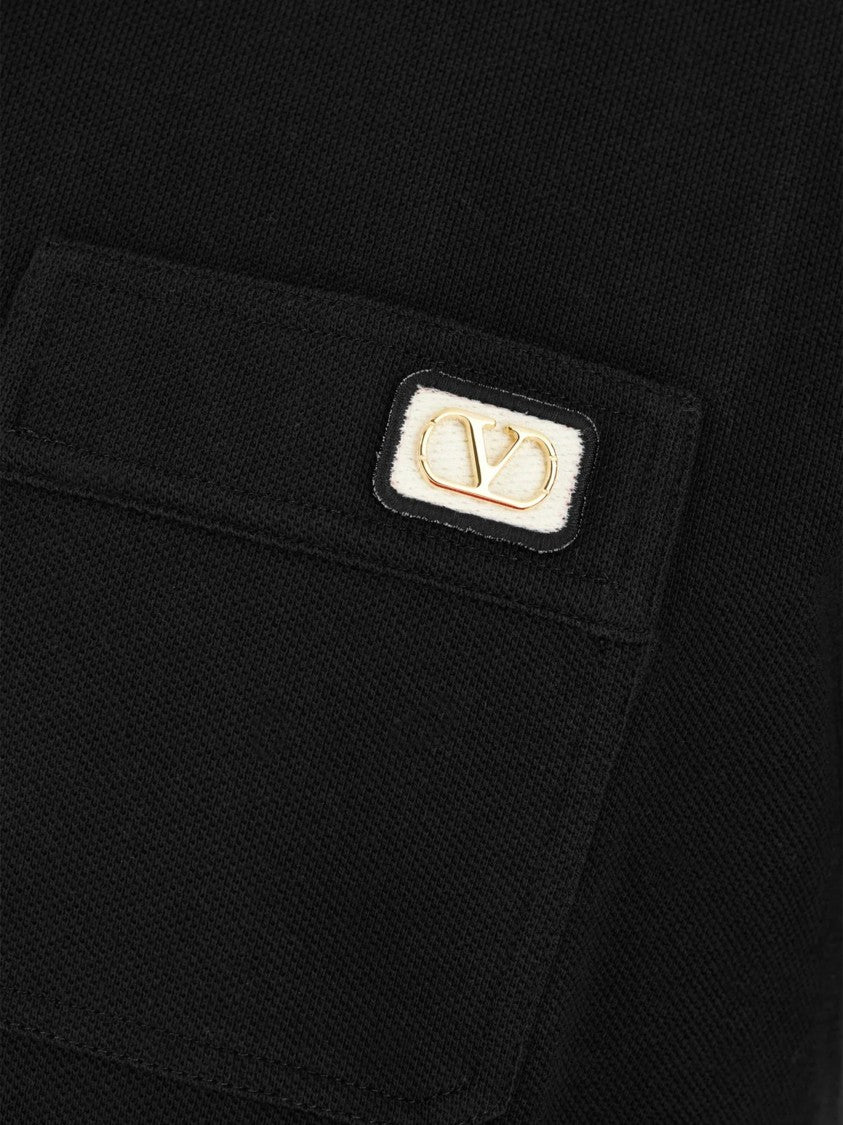 Valentino Black Short-Sleeve Striped Accent Cotton Polo